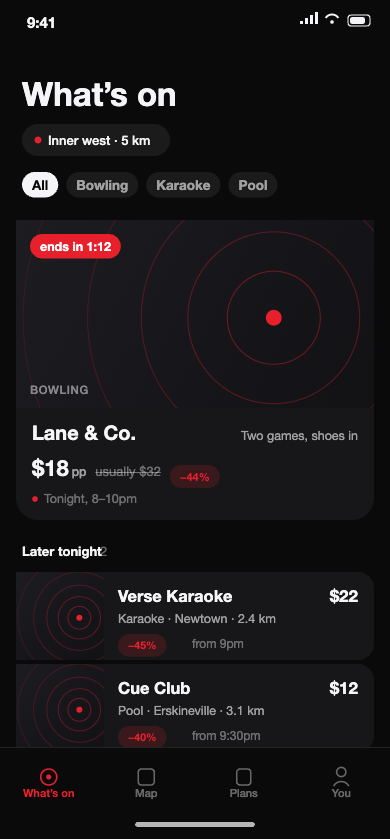 The Tonight feed: live slots near you, each with its price and closing time